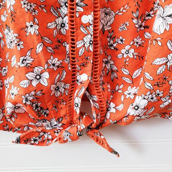Charter Club Luxury Top XL Linen Blend Orange Tie Front Floral Monkies Cheetah - Picture 5 of 11
